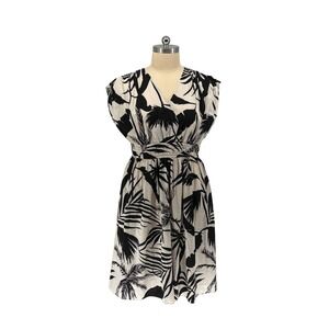 H&M Wrap Dress Black Cream Tropical Palm Leaf 100% Cotton XL